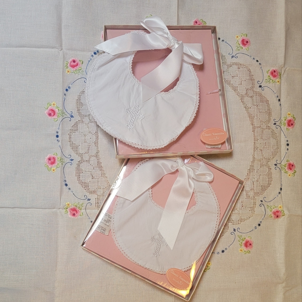 Christening Bib Mudd Pie White Cross Cotton Teething Dressy Bib